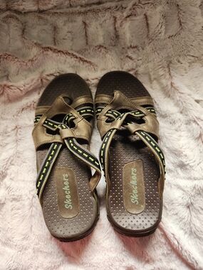 Skechers Brown Slip-On Strappy Sandals with Yellow-Accent Webbing